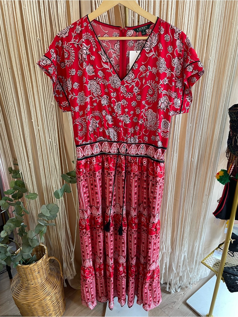 Ralph Lauren Red Floral Paisley Cotton-Satin Tiered Maxi Dress short sleeve - Picture 7 of 9